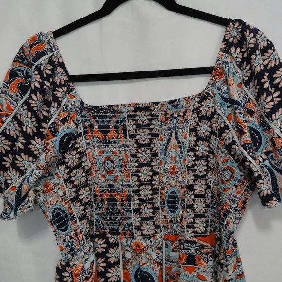Shein Curve Boho Chic Dress Exotic Blue Orange Shirred bodice Women's Size 1X - Picture 2 of 9